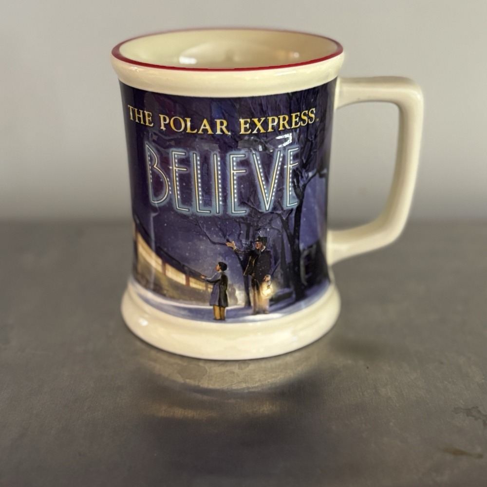 Two The Polar Express Mug Cup BELIEVE 3D Raised Ceramic Hot Chocolate Coffee Tea